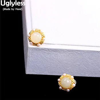 

Uglyless Twist Hexagon Stars Earrings for Women Natural Pearls Jade Floral Studs Earrings Elegant Lady Dress Jewelry 925 Silver