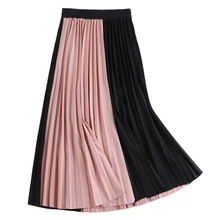 Минималистичный стиль, новинка, Осень-зима, модные Лоскутные женские плиссированные юбки, корейский стиль, высокая талия, трапециевидные, длинные, вязаные юбки