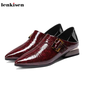 

Lenkisen real cow leather pointed toe low heels shoes buckle straps simple style cozy autumn streetwear modern women pumps L19