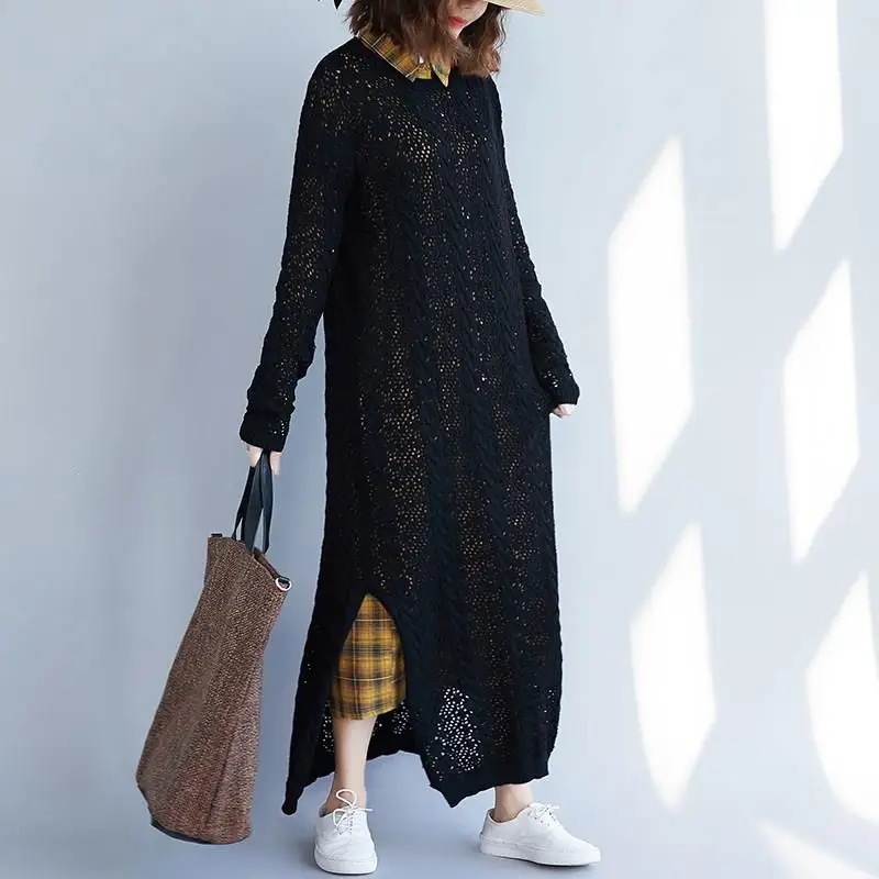 

Nice Autumn Casual Vintage Loose O Neck Sweater Dress Straight Long Sleeve Split Dress Solid Hollow Out Plus Size Dress