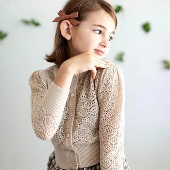 

New Spring Children's Pure Color Outside Girl's Ear Edge Knitting Cardigan Coat Thin Baby Girl Sweater Top Sweater Kids Sweaters