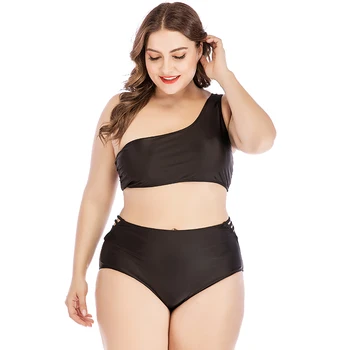 

2020 Plus Size Bikini Set High Waist Swimwear Women Biquini Two Pieces Swimsuit Black One Shoulder Bathing Suit Large Size 4XL