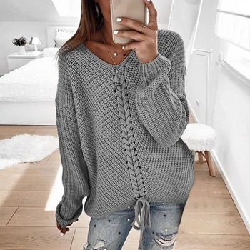 

3XL Autumn Winter Lace Up Knitted Sweaters women Sexy V neck Long Sleeve Solid Stitching Loose Sweater Casual pullovers