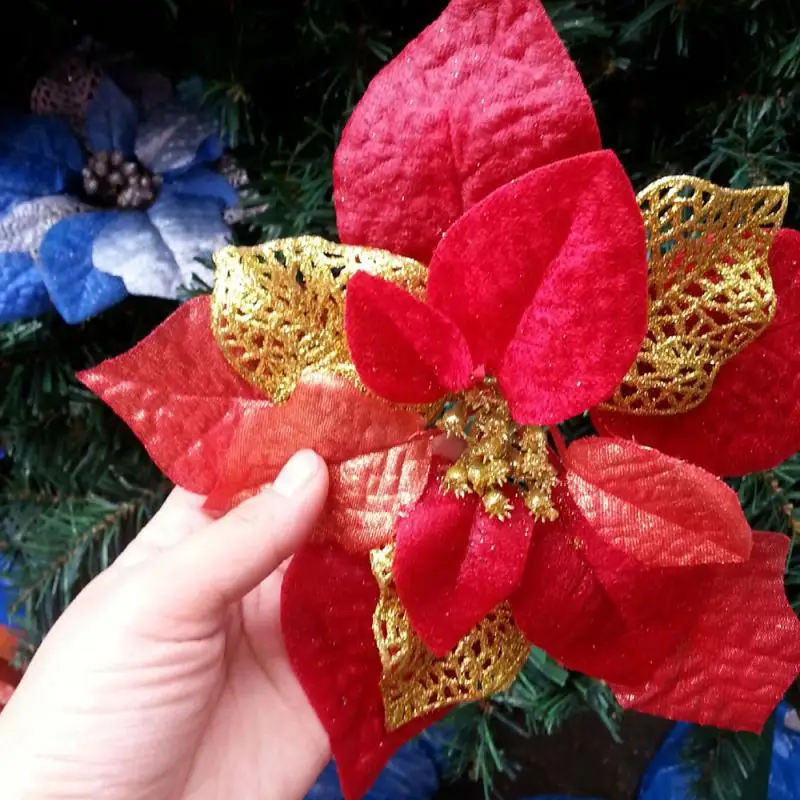 10inch Large Artificial Flowers For Christmas Decor 20cm Glitter Poinsettia Fake Flowers DIY Home Xmas New Year Decoration