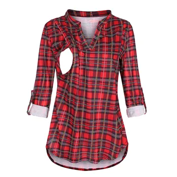 

Autumn Winter Casual Maternity Plaid Daily Blouses Long Sleeve Pregnant Shirts With Breastfeeding V-neck Pregnancy Tops Clothes