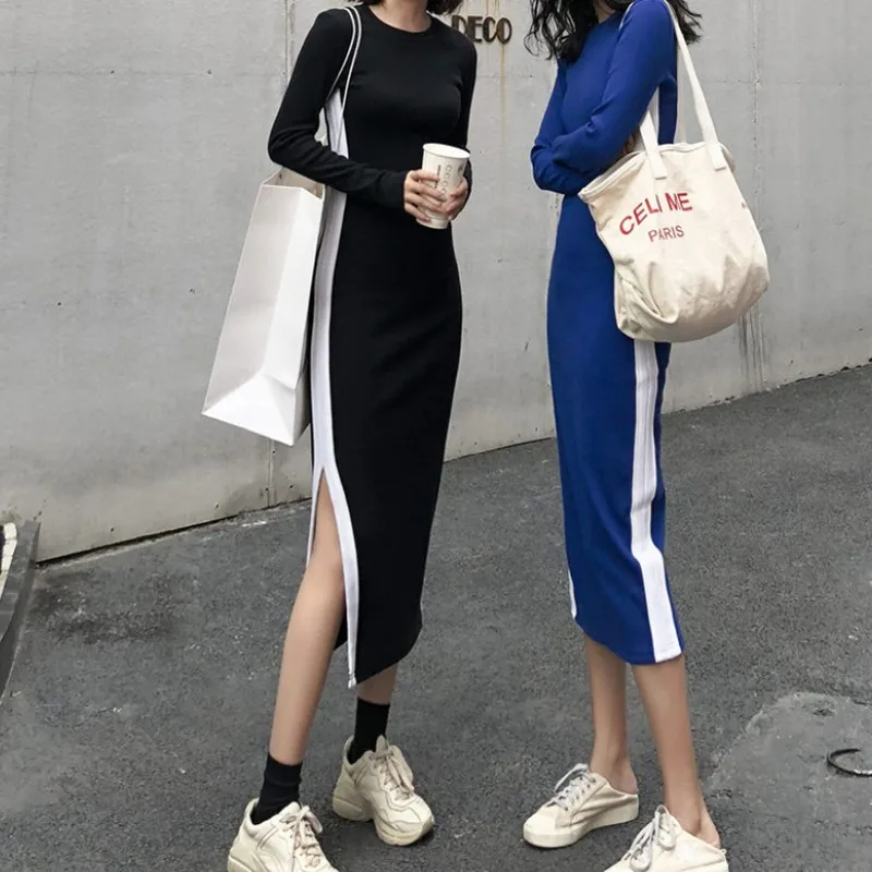 Women Dress Side Stripe Split Dress Women Vintage Casual Long Dress Autumn Dress Women Korean Style Long Sleeve Blue Black Dress