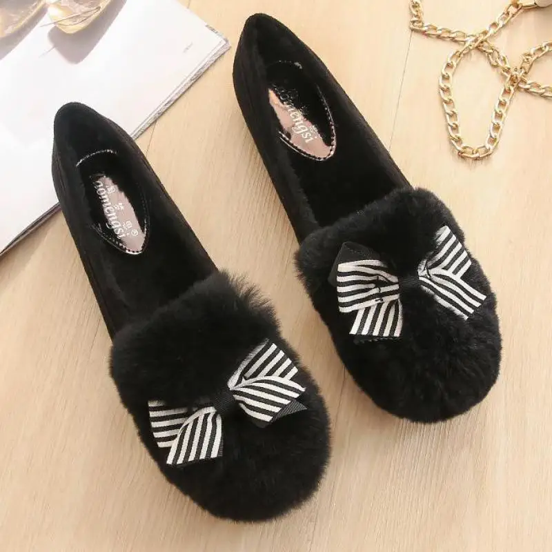 

New Fur Warm Women Flats Shoes Plush Loafers Casual Bow Autumn Winter Round Toe Genuine Leather Wool Large Size Lady Moccasins