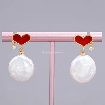 

GG Jewelry Freshwater White Pearl Coin Natural Red Agate Crystal Glod Plated Stud Earrings