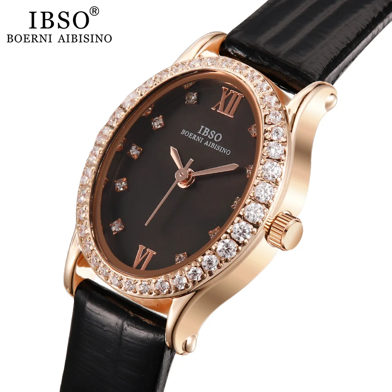 

IBSO Brand Women Quartz Watches Genuine Leather Strap Quartz Watch for Ladies Women Crystal Diamonds Montre Femme Dropshipping