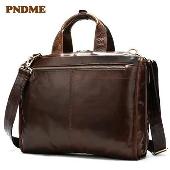 

PNDME business genuine leather men's briefcase vintage luxury real cowhide lawyer handbag casual travel laptop shoulder bag