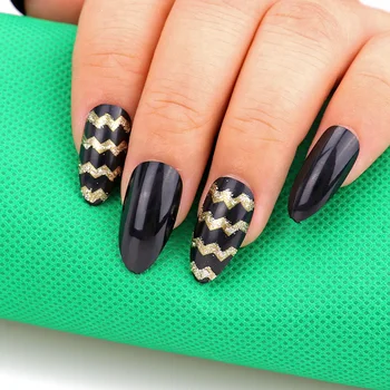 

Black Fake Nails Gold Glitters Wave Patterns Nail Art Designs 12 pcs Artificial Nail Tips with Glue liquid
