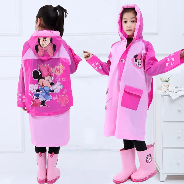 Disney Pink Minnie  Kids Raincoat Cartoon Inflatable hat Poncho Boys  Children Frozen raincoat  gift high quality minnie