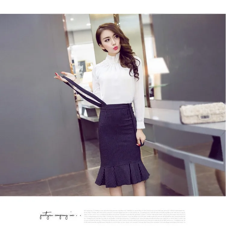 High Quality High Waist Striped Ruffles Lap Mermaid Skirt Women Casual Suspender Skirt Ladies Slim Pencil Skirt Free Shipping