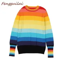 Winter Rainbow Colorful Stripe Print Women Casual Sweaters Autumn Fashion Turtleneck Knitwear Loose Pullovers Jumper Pull Femme