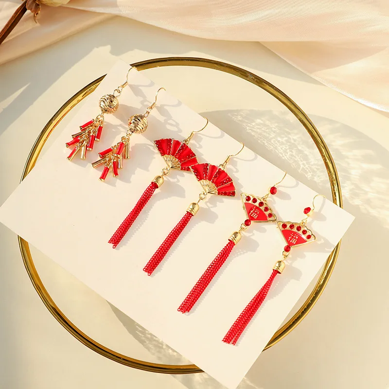 Популярный традиционный праздник красный фонарь китайский узел Карп Рыба длинные кисточки Висячие серьги для женщин ювелирные изделия Pendientes