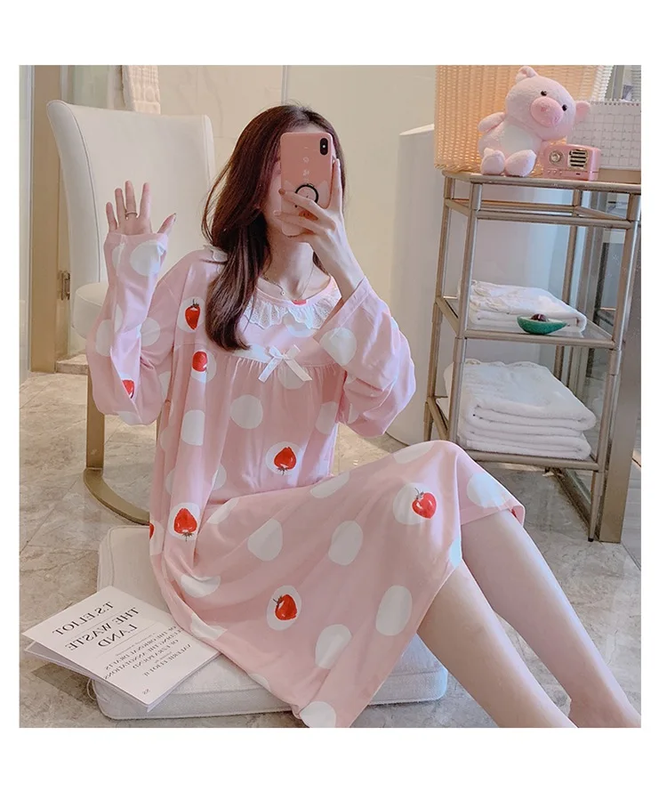 Spring Autumn Casual Plaid Cotton Nightgowns for Women Long Sleeve Loose Night Dress Home Dress Sleepwear Nightdress Nighty