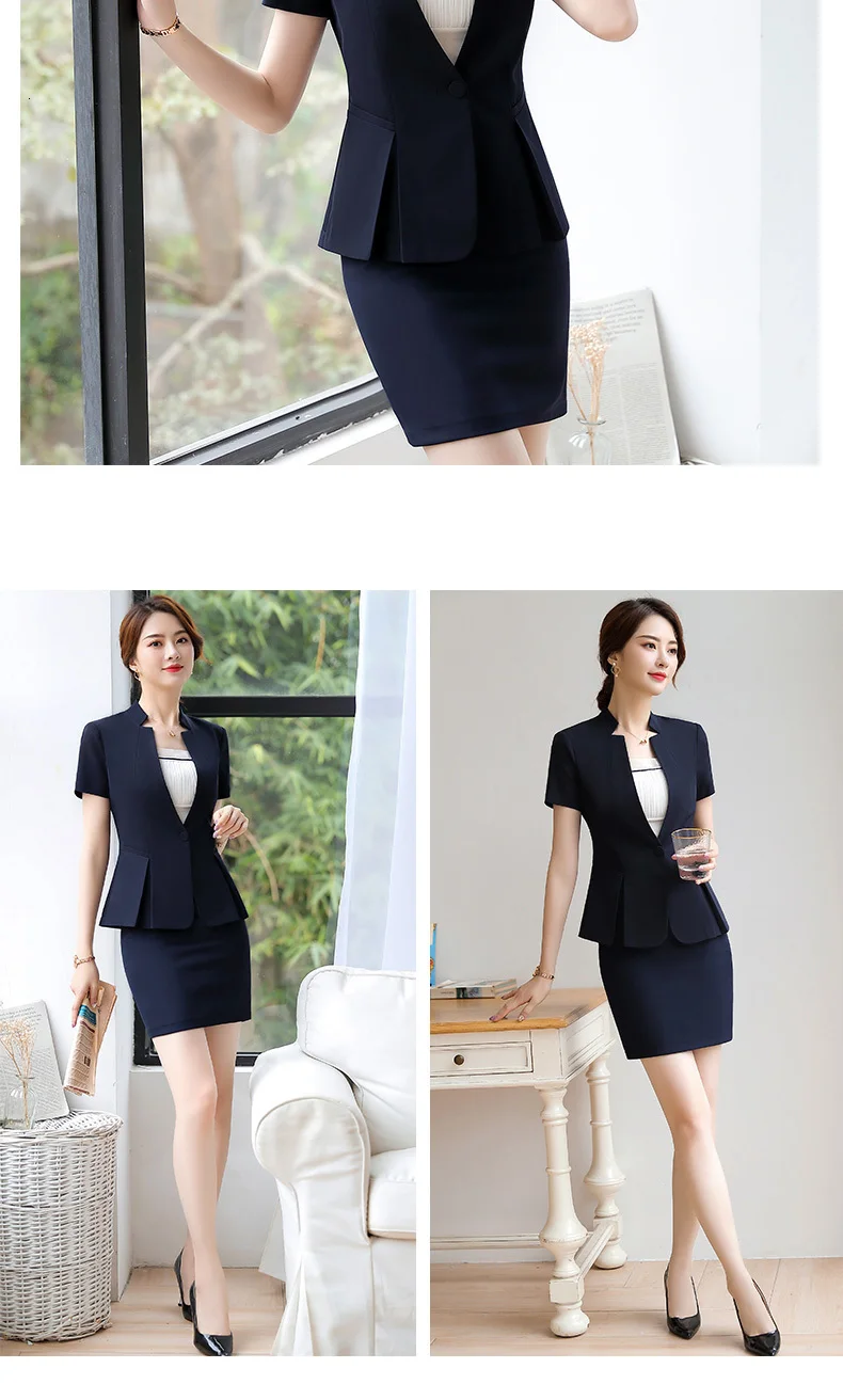 Fashion Short Sleeve Suit Women's Temperament Slim Blazer Skirt Ladies Pants Office Business Interview Blazer-with-skirt-set