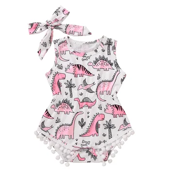 

0-24M Cartoon Dinosaur Baby Girl Romper Summer Sleeveless Jumpsuit Pom Pom Baby Girl Clothes Costumes