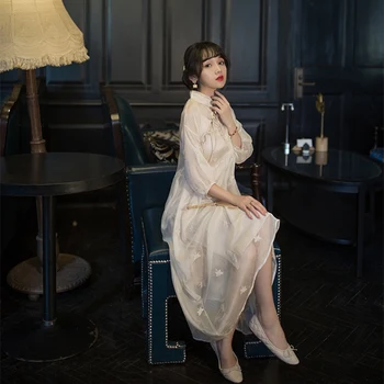 

fashion The New Loose Retro embroidery Lace up Stand collar 3/4 sleeve dress Free shipping