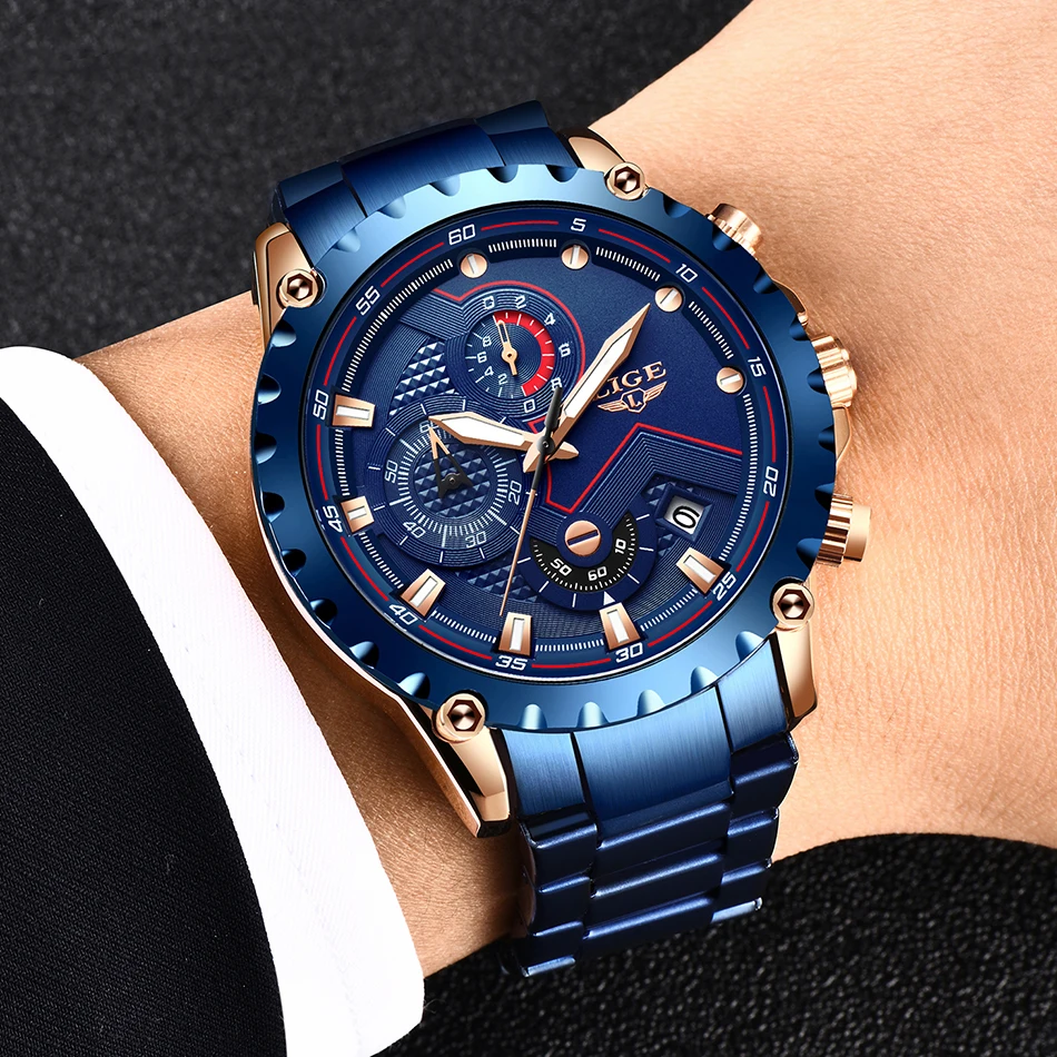 2022 LIGE Top Brand Luxury Fashion Mens Watches Silver Stainless Steel 30m Waterproof Quartz Watch Men Army Military Chronograph