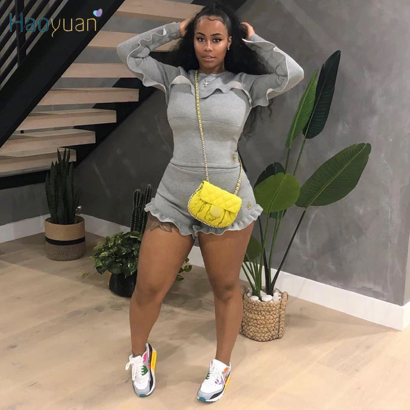 

HAOYUAN Two Piece Set for Women Tracksuit Long Sleeve Ruffles Top Biker Shorts Sweta Suits Club Outfits Loungewear Matching Sets