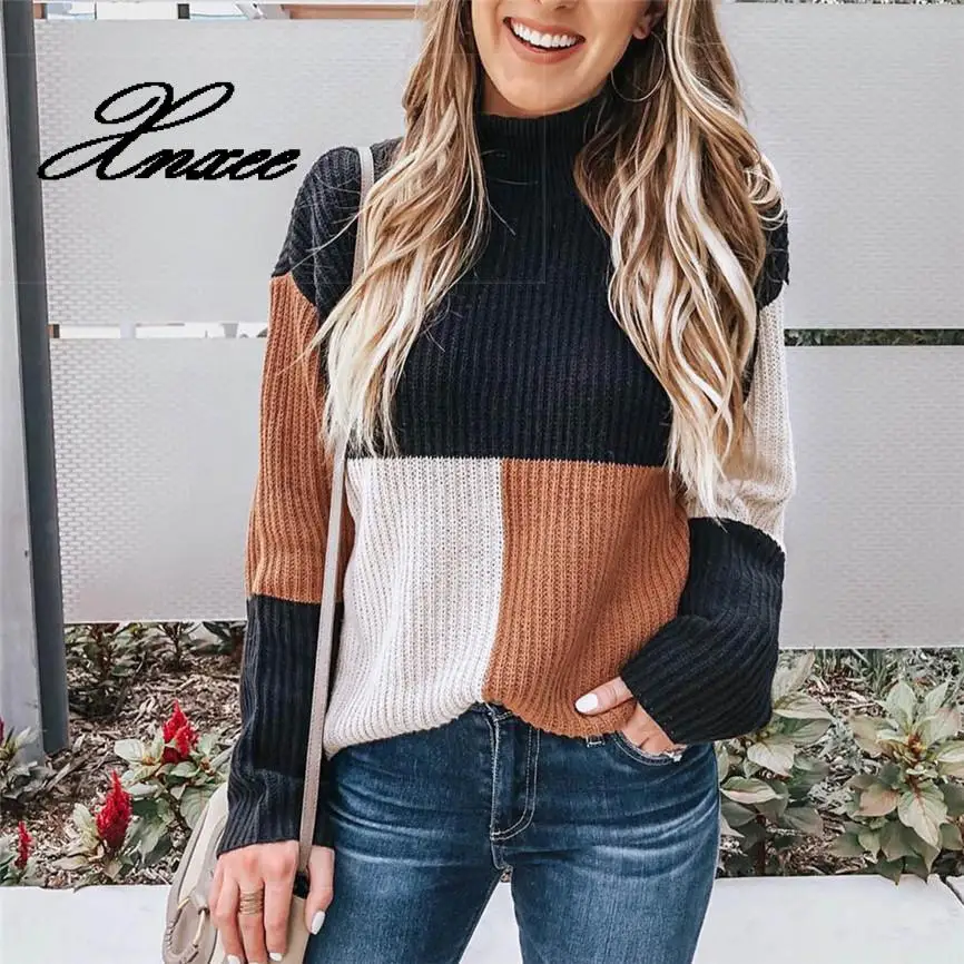 

Xnxee Women Warm Winter And Autumn Colorblock Stand Long Sleeve Knit Women Sweater Jumper Tops