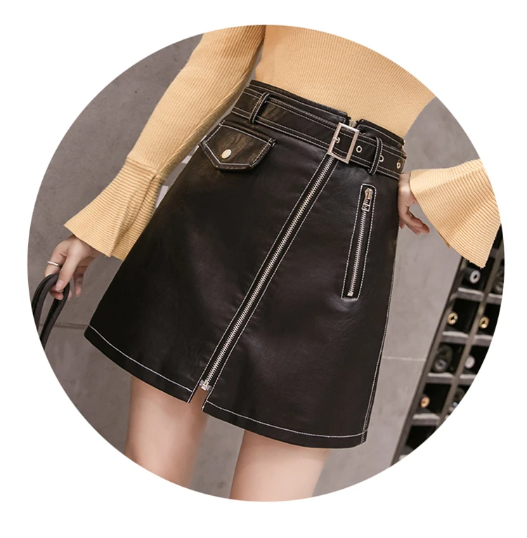 Модная кожаная юбка с высокой талией осень зима Harajuku PU A-Line Jupe Femme молния Пояс Мини Faldas карманы черная юбка