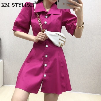 

Fashion Women's Summer Clothes A-line Mini Dress Rose Red vestidos 2020 Single-Breasted Lapel Blue Short Sleeve One-piece Dress