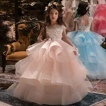 Pink/Blue Princess Flower Girl Dresses Ball Gown Ruffles Tiered Short Sleeve Appliques Lace New 2021 Junior Bridesmaid Dress