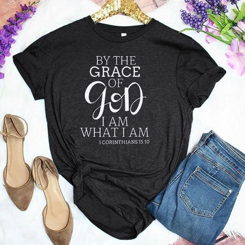 

By the grace god i am what i am slogan Women Summer Fashion t Shirt Female Hipster Christian baptism grunge tees tops-K991