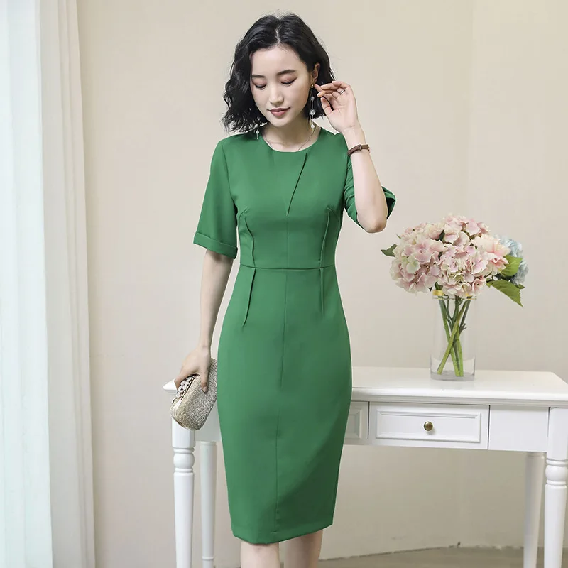 

Smart Dress Women's 2019 Summer Wear New Style Elegant Half-sleeve Shirt Slim Fit Commuting Green Medium-length Dress Fashion on