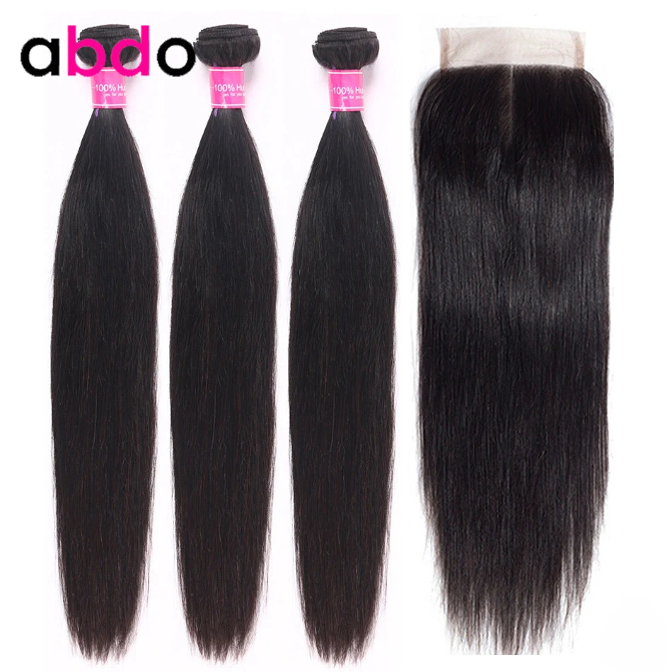 Straight Human Hair 3 Bundles With Closure Peruvian Remy Natural Color Hair Extension Hair Weave Bundles With Closure Abdo