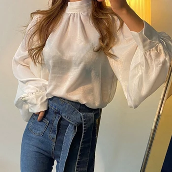 

Korean Chic Women Vintage Blouse Autumn Elegant Stand Collar Lantern Long Sleeve Tops Female New Fashion White Shirts Casual