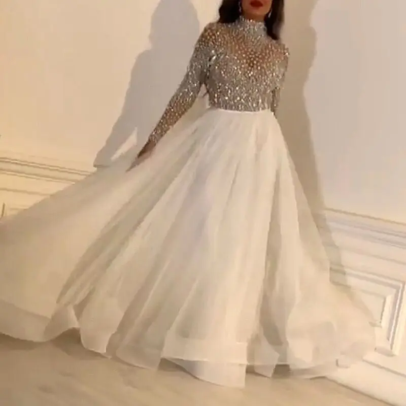 

Muslim Beading Evening Dress 2020 New A-line High Collar Illusion Long Sleeves Dubai Saudi Arabic Long Prom Gown robe de soiree