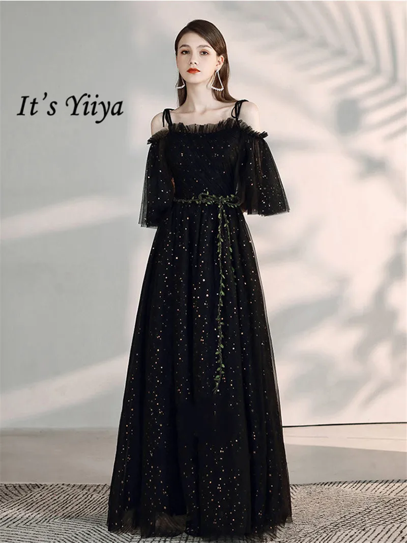 

It's Yiiya Evening Dress 2019 Star Pattern Black Boat Neck Party Formal Gowns Elegant Spaghetti Strap Lace Up A-Line Dress E1097