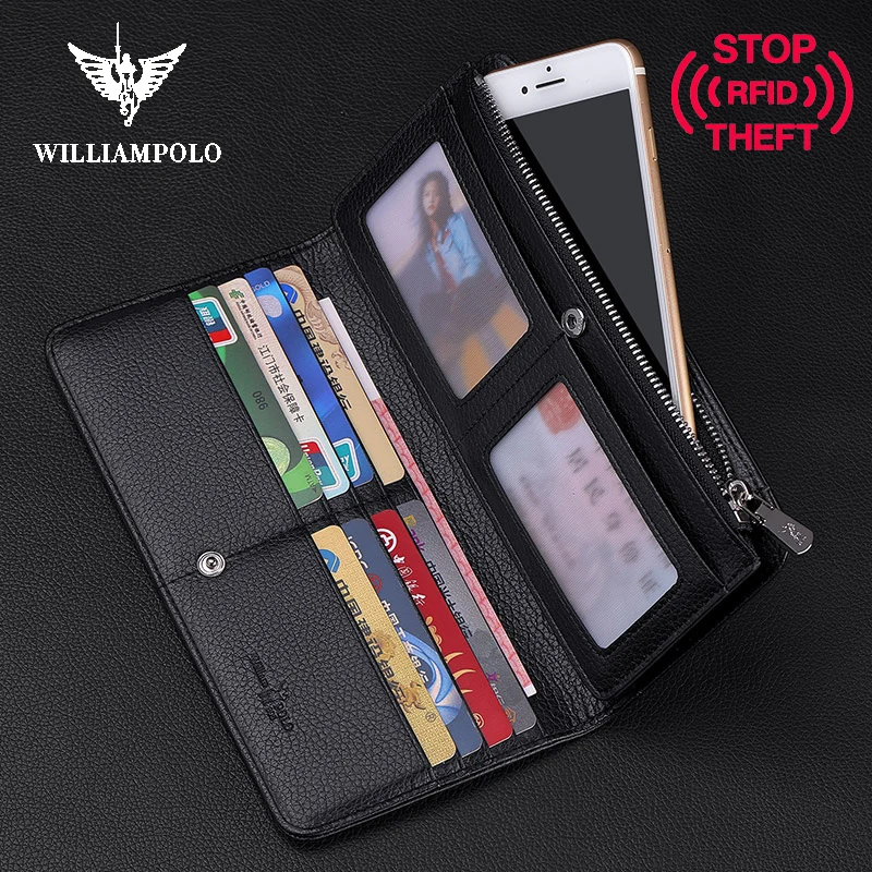 Длинный кошелек WILLIAMPOLO для мужчин бумажник из натуральной кожи с RFID защитой и