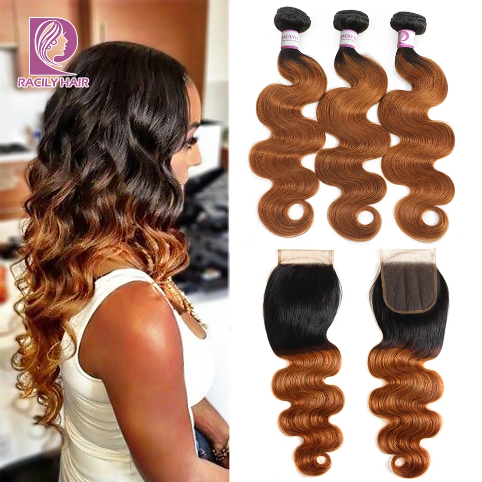 Racily Hair 1B/30 mechones de pelo ondulado brasileño con cierre, extensiones de cabello humano mechones Remy con cierre, mechones de color marrón ombré con cierre