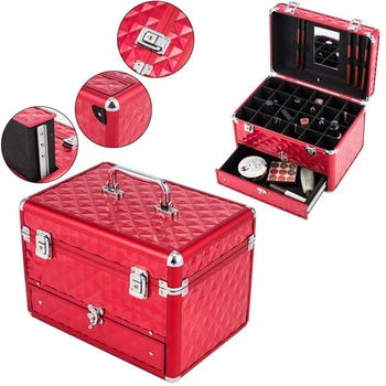 

Makeup Train Case with 24 compartments Nail polish storage 1 Drawer Professional Organizer Beauty Vanity with Mirror Cosmetic