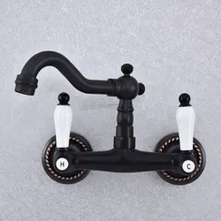 Kitchen Wet Bar Bathroom Vessel Sink Faucet Black Oil Rubbed Brass Wall Mounted Swivel Spout Mixer Tap Dual Ceramic Lever msf749