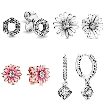 

Spring Pink Daisy Flower Square Sparkle Honeycomb Hexagon Earring 925 Sterling Silver Earring Studs For Women Gift DIY Jewelry