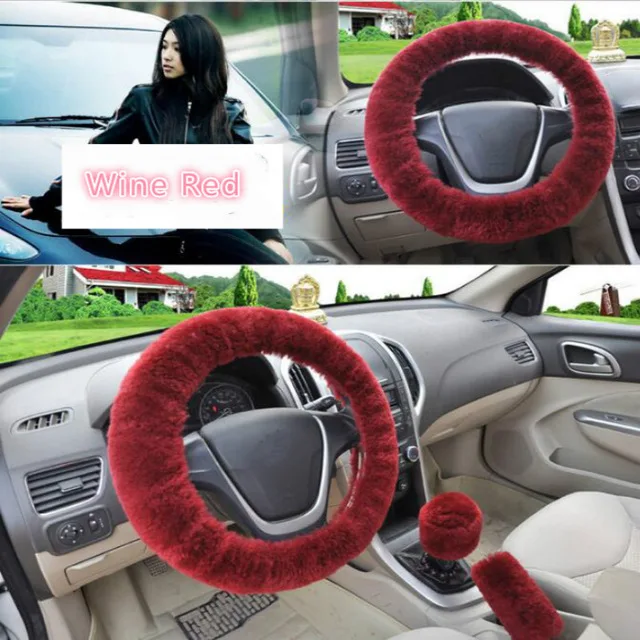 Универсальный руль плюшевые автомобильные аксессуары для интерьера Чехлы рулевого колеса автомобиля зимний искусственный мех ручной тормоз и крышка шестерни Набор - Название цвета: Красный