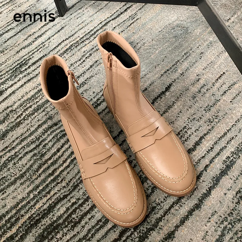 

ENNIS Designer Boots Ladies Ankle Boots Low Heel Genuine Leather Women Boots Autumn Winter Stretch Zipper Shoes Brown New A9313