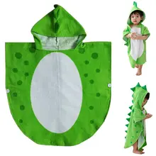 Детское банное полотенце, халат, детское пляжное пончо с капюшоном, с рисунком динозавра(зеленый+ белый, 55 см x 110 см