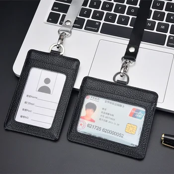 

Fashion Work ID Card Holder Genuine Leather Wallet Card Bag Fashion Wroker ID Neck Wallet With Window