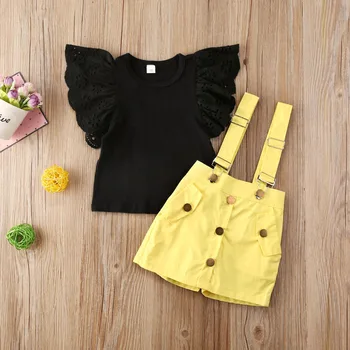 

Toddler Girls Summer Outfits Ruffle Sleeve T-shirt Top + Suspender Skirt Shorts 2 Piece Clothes Sets