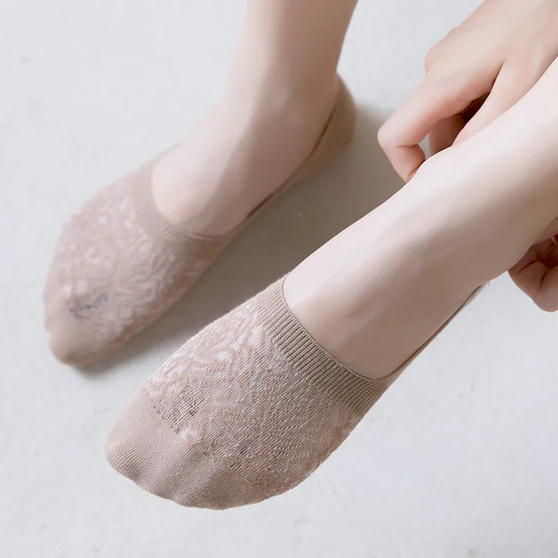 5 pcs/lot Summer cotton ladies solid color women socks silicone invisible socks mesh pattern non-slip ladies boat socks