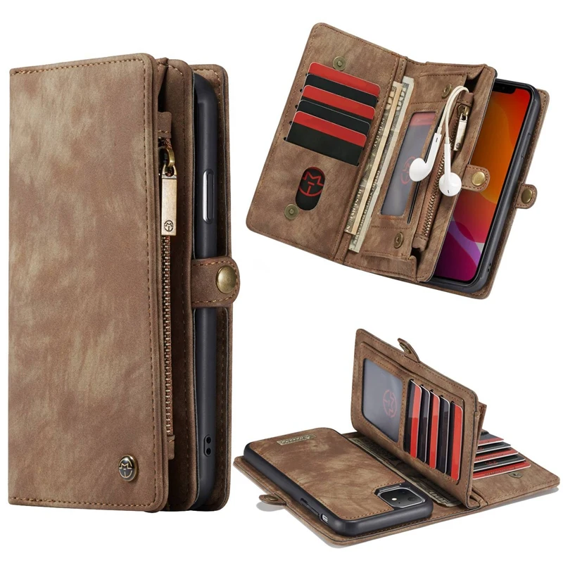 Genuine Leather Business Wallet Case for IPhone 11 Pro Max Removable Flip Phone Holder-Case-Holster- 6.1Inch Brown