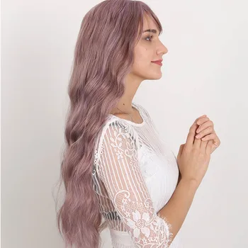 

MANWEI Long Wavy Wigs With Bangs Heat Resistant Synthetic Hair Black Linen Brown Purple Light Golden Wig Shipping