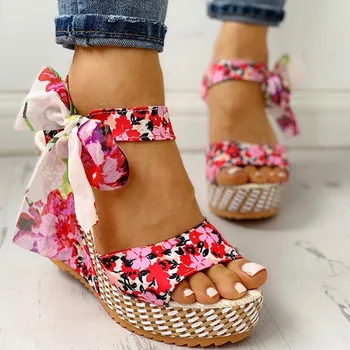 

Women Summer Wedge Sandals Female Floral Bowknot Platform High Heel Fashion Bohemian Ankle Strap Open Toe Ladies Female shoes
