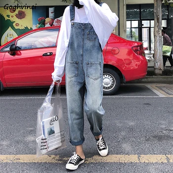 

Jumpsuits Women Solid Simple Blue Pockets Ankle-length Loose Trendy All-match Daily BF High Waist Womens Streetwear Korean Style